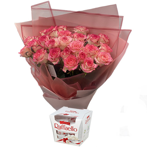 Фото товара 25 рожевих троянд із цукерками в Житомире